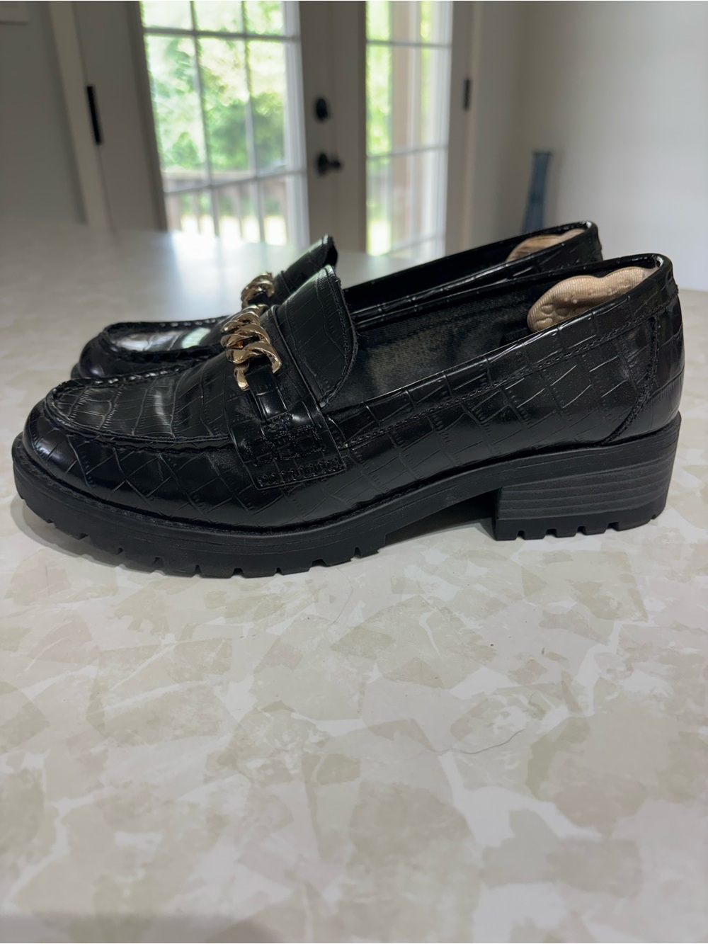 Old Navy Black Croc-Embossed Loafers with Gold Chain Accent